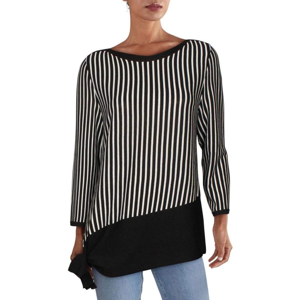 Anne Klein Women's Striped Asymmetrical Ribbed Pullover XS